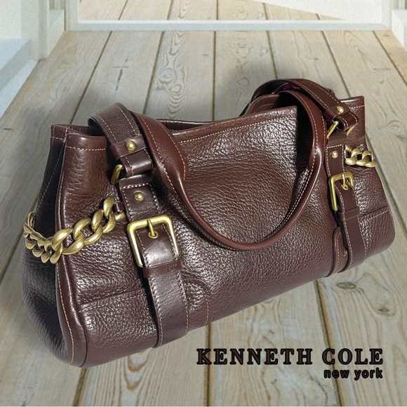 Kenneth Cole New York Handbags - 𝅺Kenneth Cole Brown Leather Satchel with Chain Detail and Magnet Closure